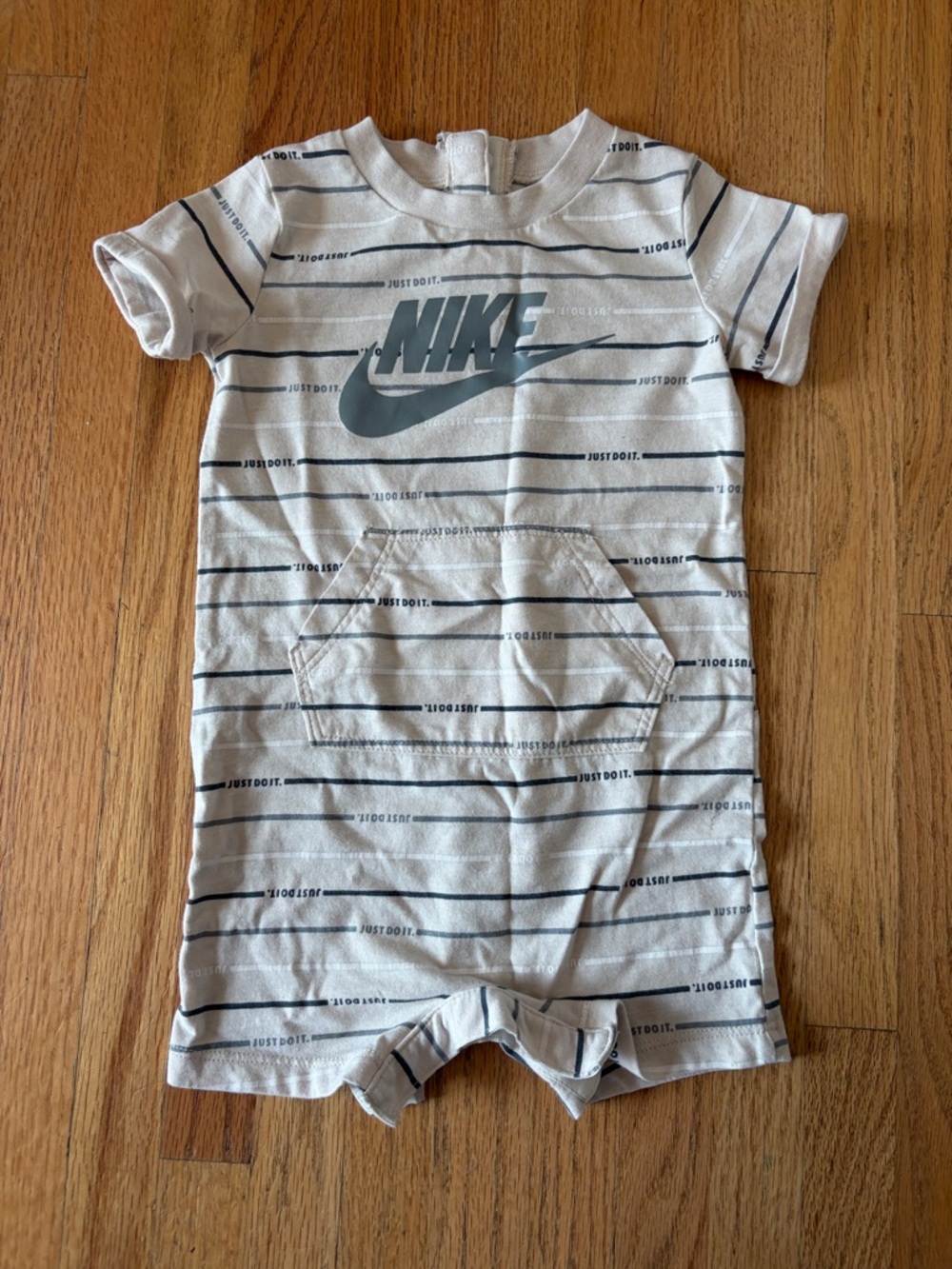 Nike Cream and Gray Striped Baby Romper with Logo